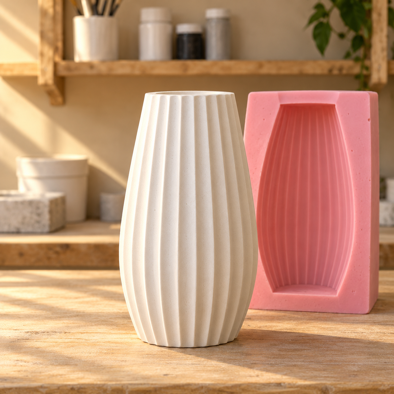 Vaso artesanal em gesso com sua fôrma de silicone