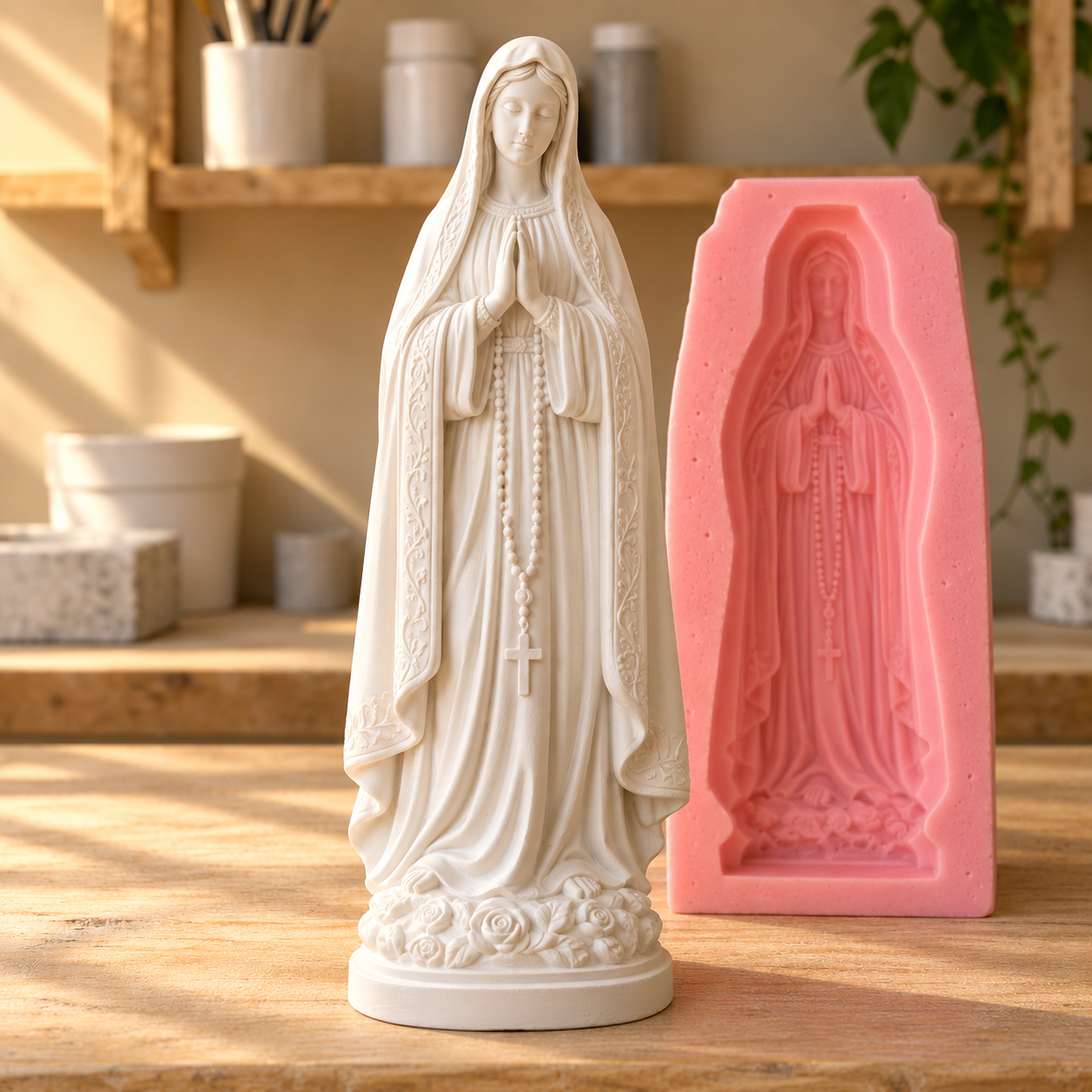 Imagem religiosa artesanal em gesso com sua fôrma de silicone