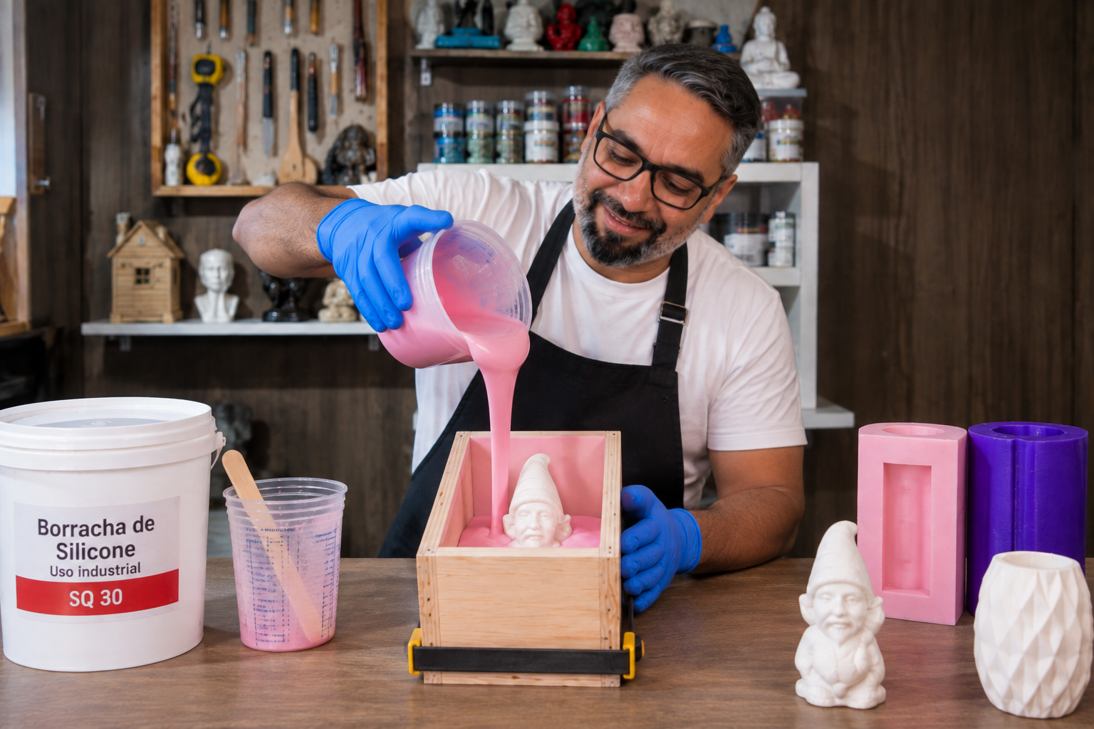 Rogério Evaristo fabricando uma fôrma de silicone